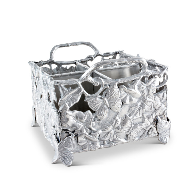 Silver Butterfly and Floral Aluminum Square Flatware Caddy