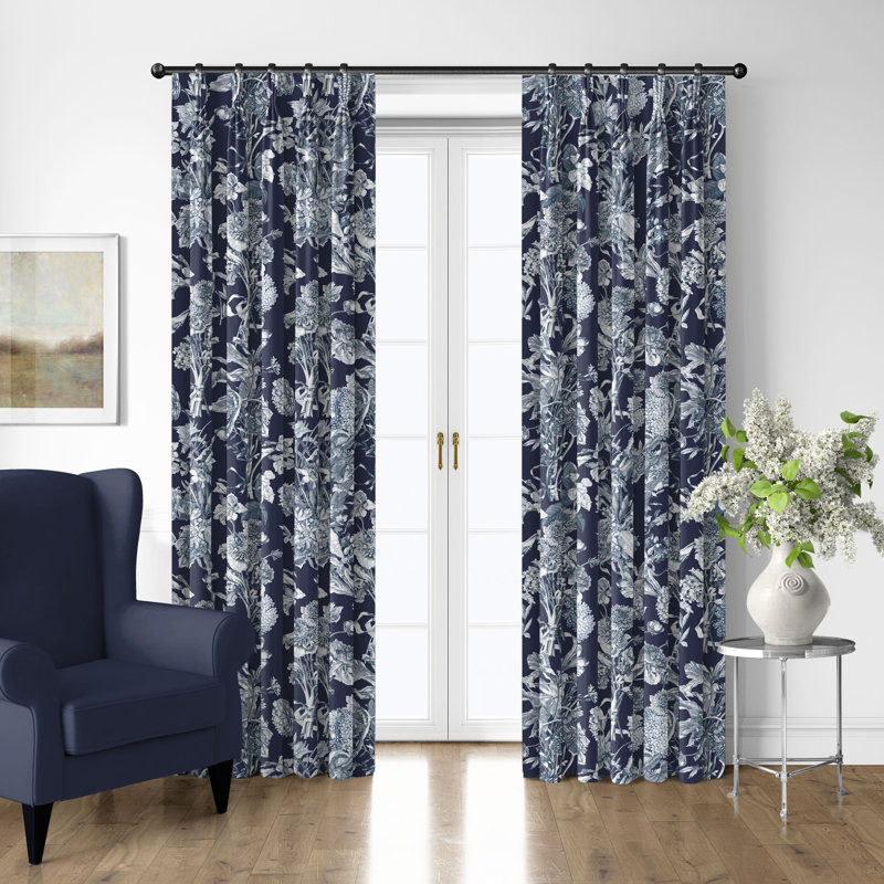 Alexandria Indigo Cotton Pinch Pleat Drapery Panel Set of 2, 40" W x 180" L