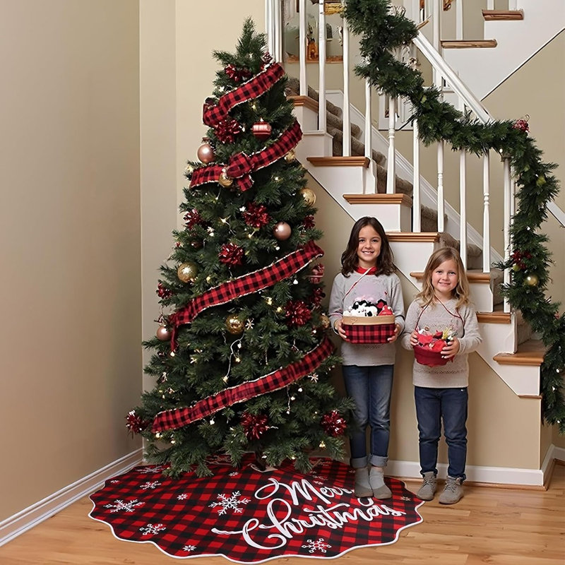 Jupe de sapin de Noël à carreaux rouges et noirs, cache-pied de sapin rustique, décoration festive et chaleureuse