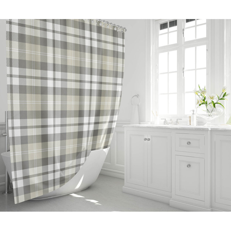 Gen Plaid Ultra-Thin Lightweight Shower Curtain, Tan/Charcoal