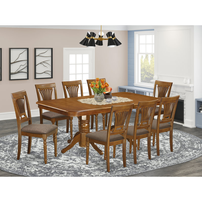 9 Piece Set Includes a Rectangle Dining Table with Butterfly Leaf and 8 Linen Fabric Dining Chairs, Saddle Brown