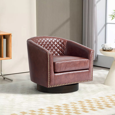 Upholstered Red Brown Faux Leather Tufted Barrel Small Swivel Chair with Nailhead Trim