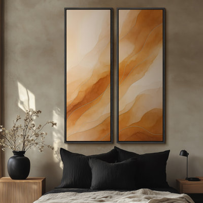 Fluid Wave Minimal Abstract for Bedroom - Set of 2 Framed Wall Art Print on Canvas 60"x20"x2pcs