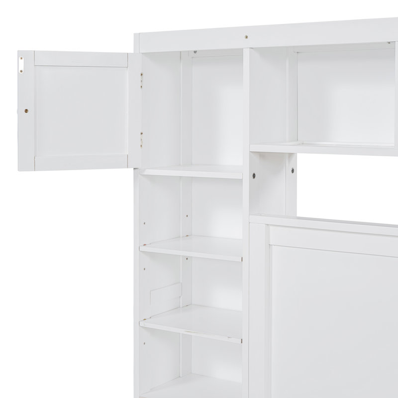 Grand lit en bois avec armoire tout-en-un, tablette et prises, blanc
