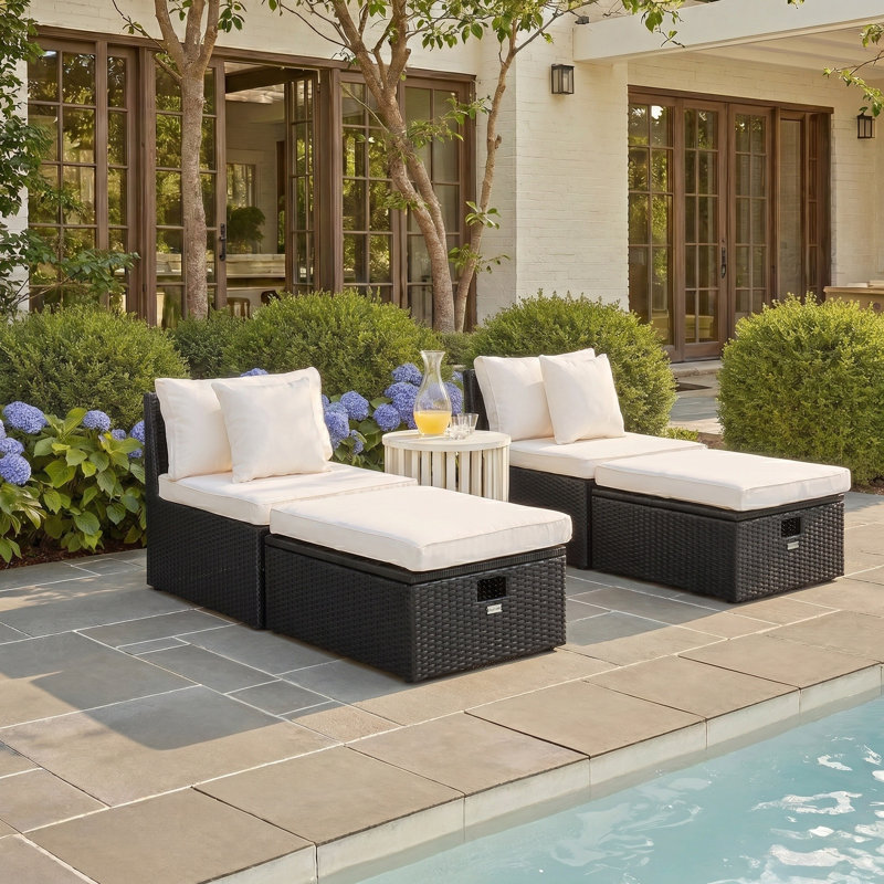 Jannik Wicker Outdoor Armless Lounge Chair with Ottoman, White, Black