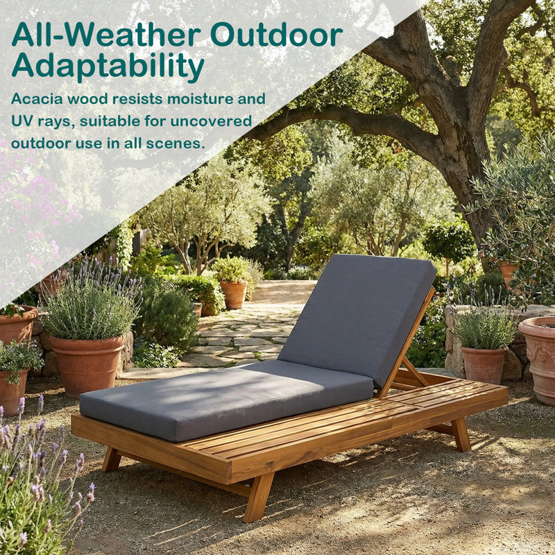 Outdoor Acacia Wood Chaise Lounge Space Available On One Side, Cushion Included, Gray