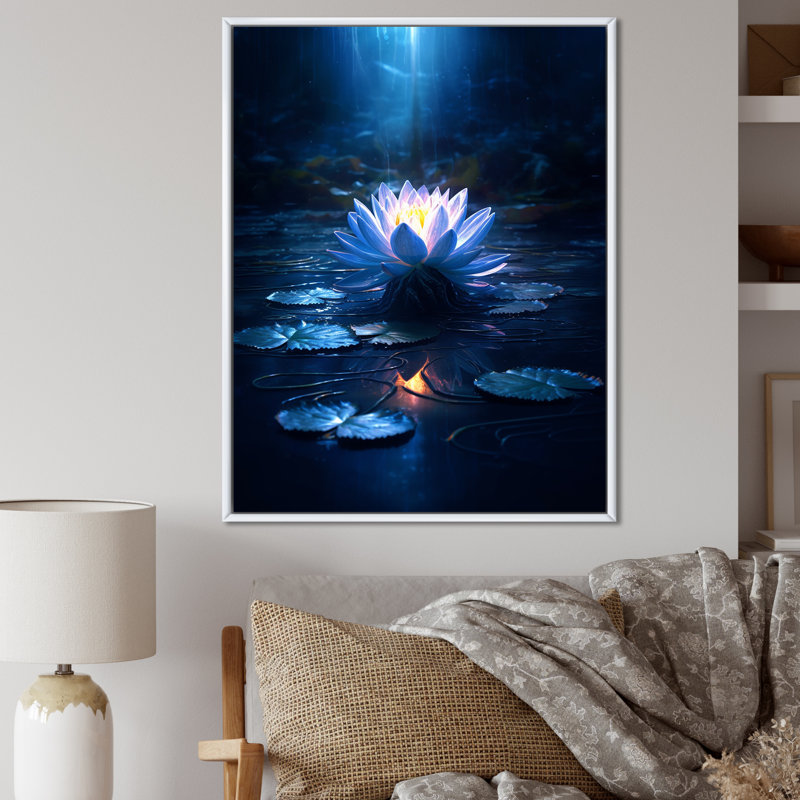 «Blossoming White Lotus In Blue Moon Pond I», reproduction sur toile, H 40 po x l 30 po, Cadre flottant blanc