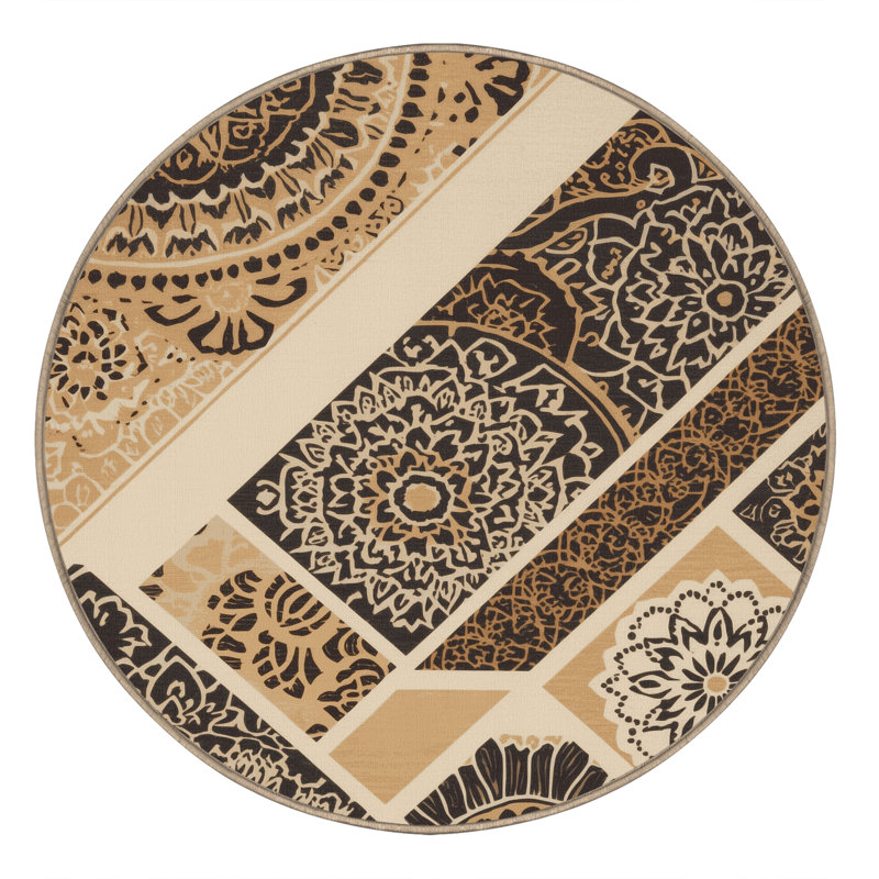 Machine Washable Arverne Global Inspired Block Print Rug in Brown – Beige Binding, 4' Round