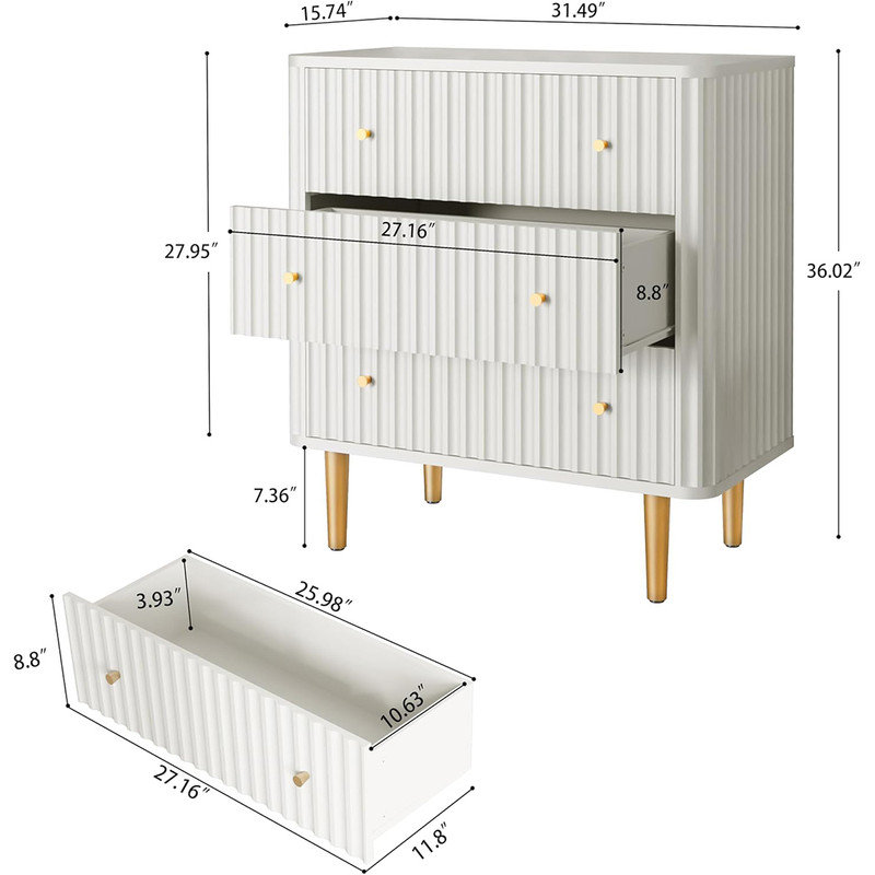 White Fluted 3-Drawer MDF Dresser with Gold Accents