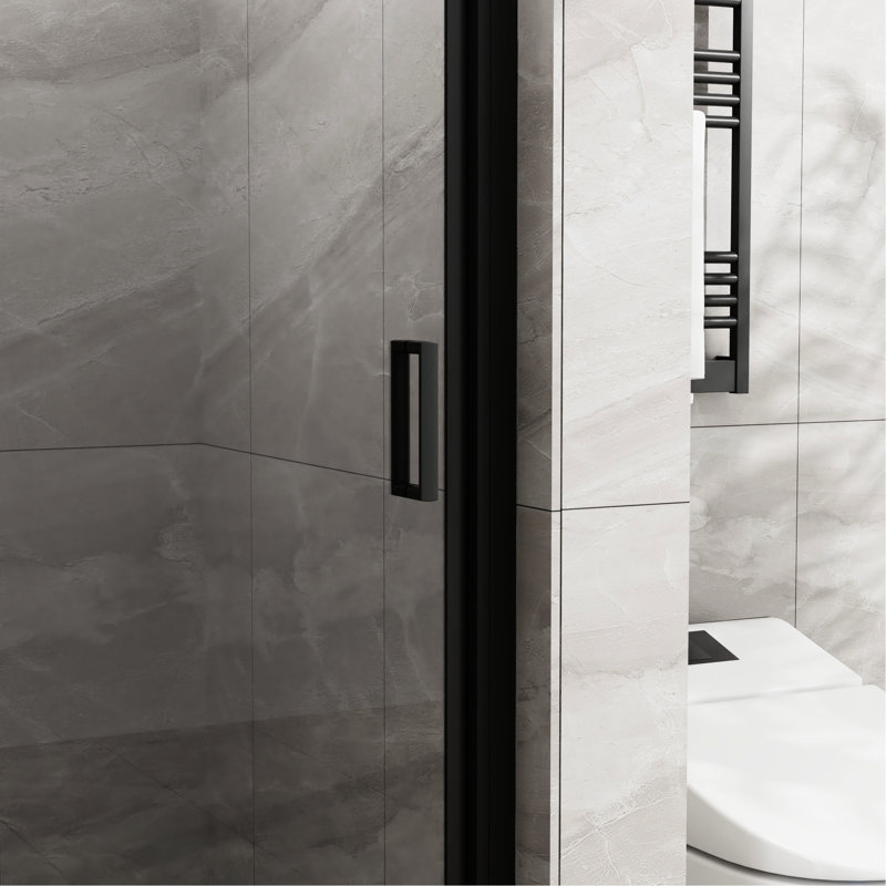 34"x72" Pivot Shower Door In Black, 1/4" Tempered Glass, Semi-, Waterproof Seals, Handle, 180° Rotating Pivot, 90° Water Protection Black Door, Thick Heavy-duty Zinc Smoothly , Splash Stopper