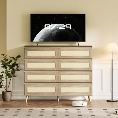 Modern Boho Rattan 8 Drawer Dresser – Wide Wooden Chest for Bedroom, Nursery, Living Room, Ample Storage, Fits up to 55'' TV, Natural Finish – Log Color