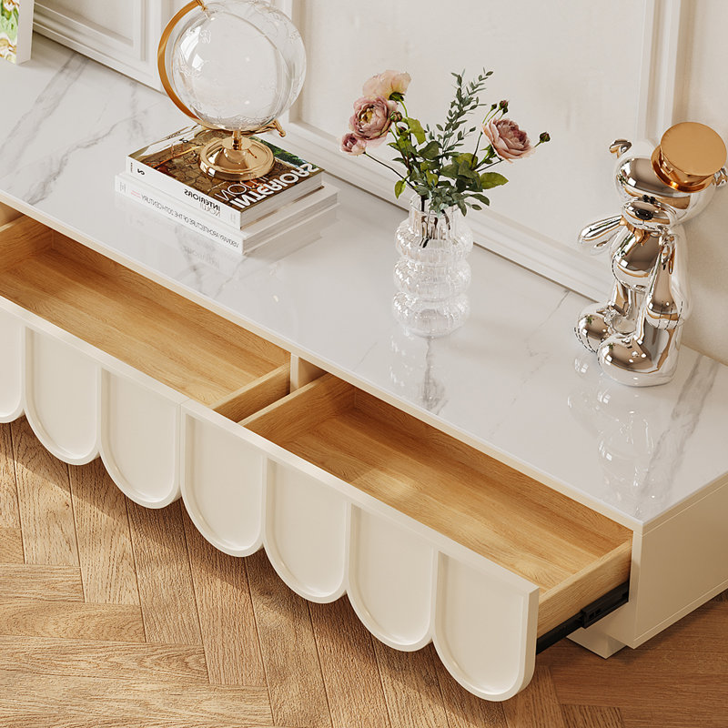 71'' Modern Floor Tv Console With 4 Drawers & Sintered Stone Countertop, Cream White Tv Stand With Artistic Scalloped Edge Design