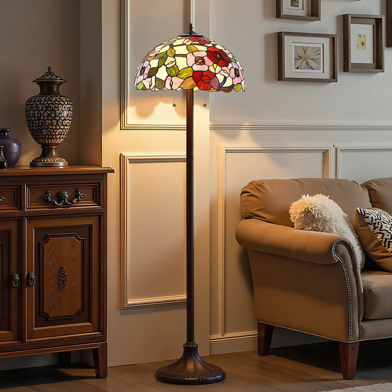 Lampe sur pied 60 po de style Tiffany fabriquée à la main, design en vitrail rose, 2 lumières, double chaîne de traction