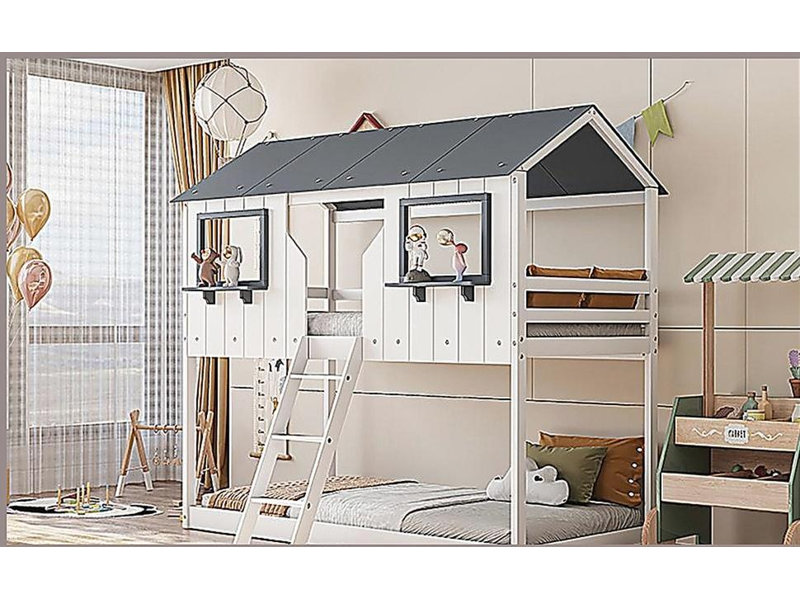 Lit superposé simple au-dessus d'un lit simple en bois avec toit, fenêtre, garde-corps et échelle (blanc)
