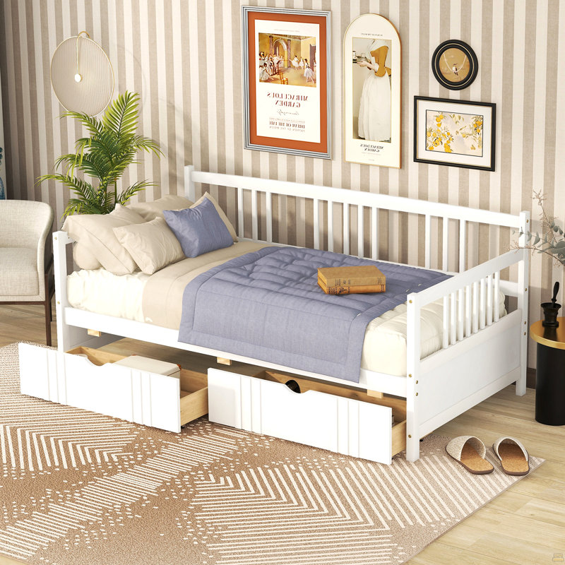 Lit de jour simple en bois avec deux tiroirs, Twin, White