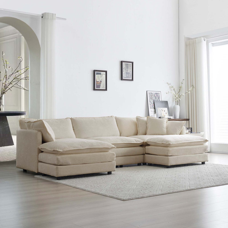 Canapé d'angle moderne convertible 5 places avec 2 repose-pieds réversibles, Beige, H 33 po x l 111,5 po x P 35 po