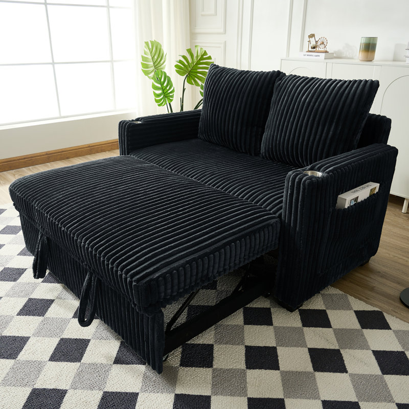 Modern Corduroy Chaise Lounge with Adjustable Backrest and Pull-out Bed, Luxurious Plush Fabric for Ultimate Comfort, Black