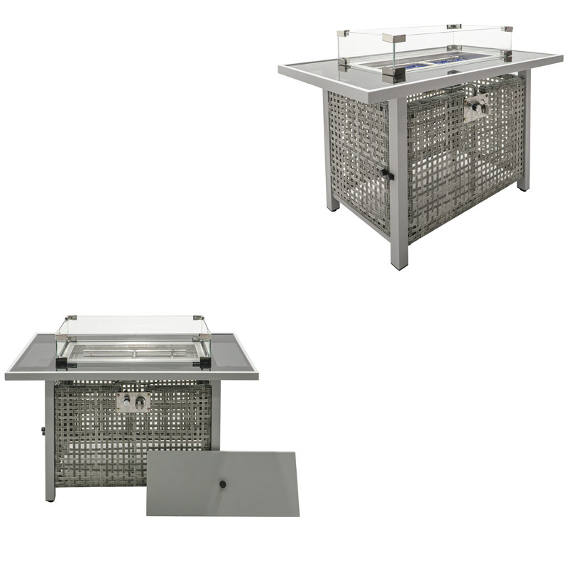 43" Rectangle Propane Gas Fire Pit Table – 50K BTU, Grey Wicker Base, Glass Wind Guard