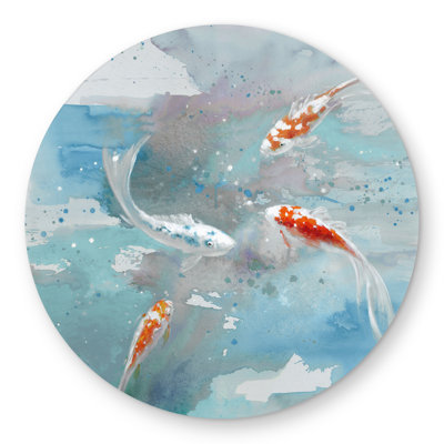 Koi Fish in Blue Water - Gray Round Outdoor Area Rug | Decor