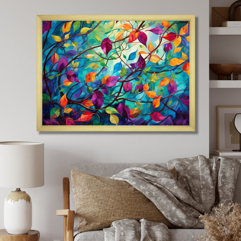 Multicolor Vibrant Vines I - Abstract Botanicals, art mural, Cadre doré simple, H 12 po x l 20 po x P 1 po