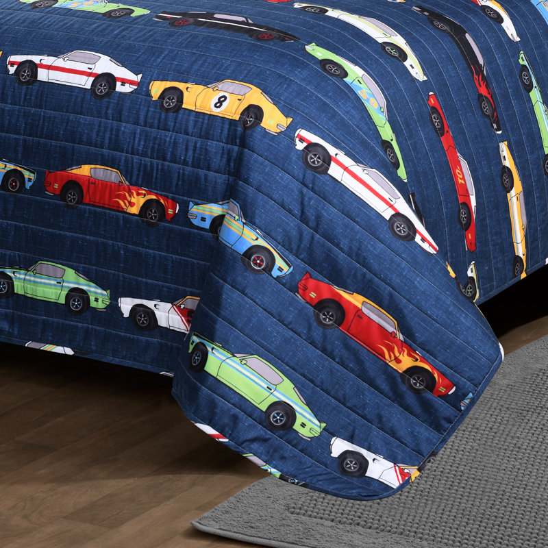 Ensemble de courtepointe réversible Race Cars, Bleu marine, Courtepointe double / grand et 2 taies décorative