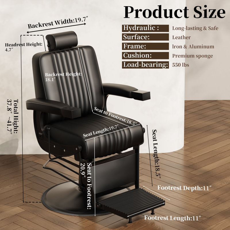 Fauteuil de coiffeur inclinable hydraulique Baasha, siège de salon en cuir souple avec base robuste et hauteur réglable, conception de coussin confortable, capacité de 440 lb