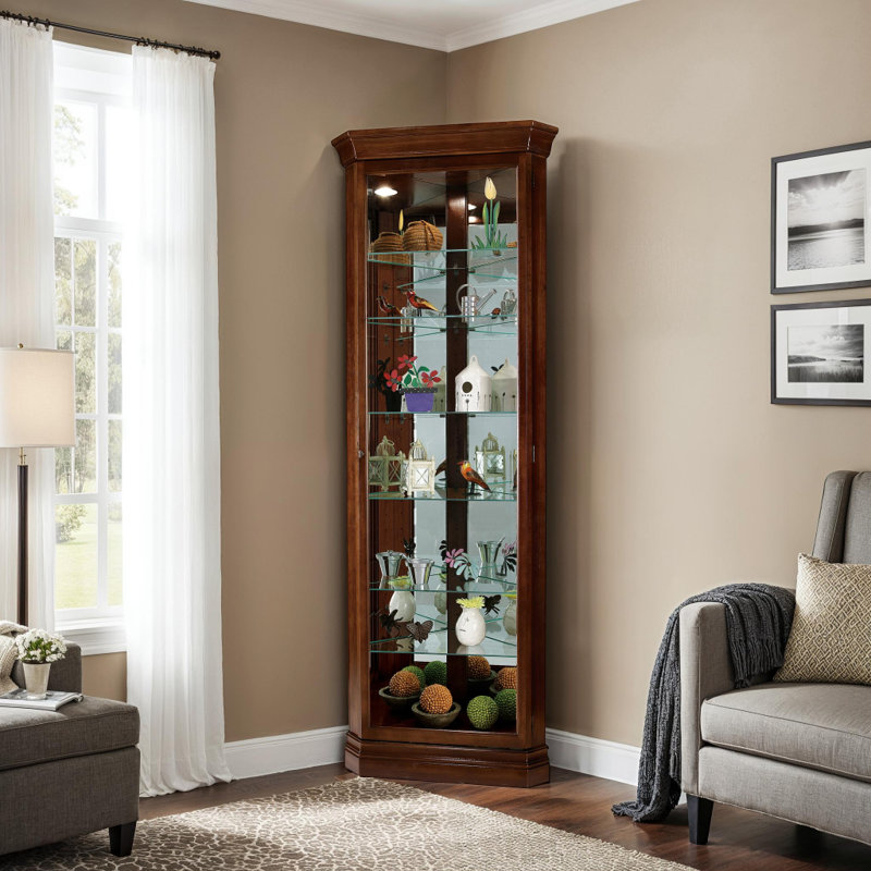 Duane Corner Curio Cabinet in Legacy Oak, Cherry Bordeaux