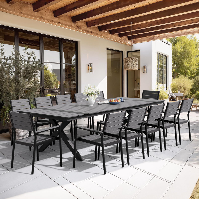 12 - Person 118.1'' W x 40.6'' D Aluminum Outdoor Patio Dining Set with Stackable Chairs, Dark Gray/Black