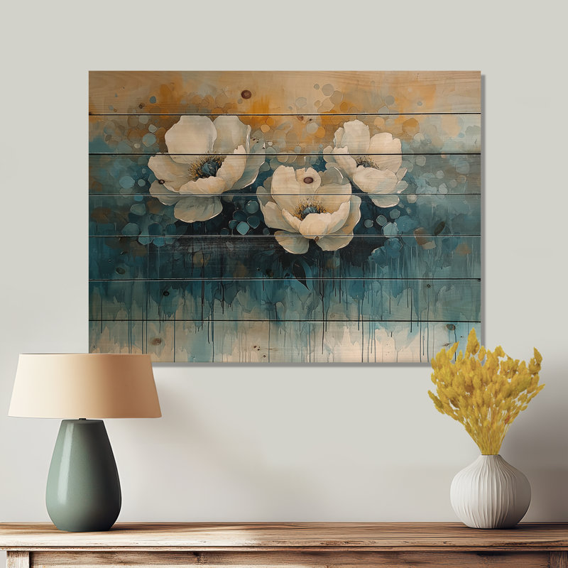 Pivoines blanches et bleues - Décoration murale en bois de pivoines - sur bois de pin naturel, H 34 po x l 44 po x P 0,78 po