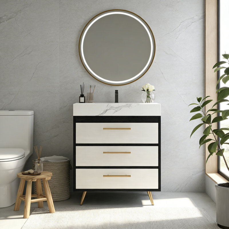 Modern Minimalist Bathroom Vanity, White, White
