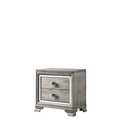 Table de chevet grise avec design contemporain, deux tiroirs, miroir biseauté, profondeur de 30 po, largeur de 17,5 po, hauteur de 29,4 po, fabrication en bois pour la chambre à coucher, couleur, profond, large, haut