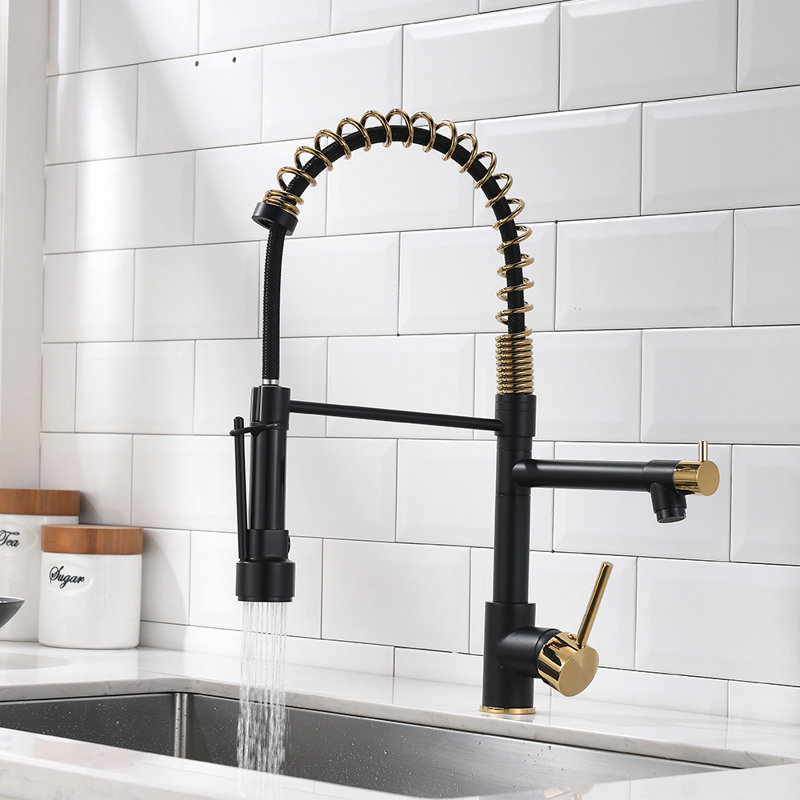 Fapully Pull Down Kitchen Faucet, Black/Gold