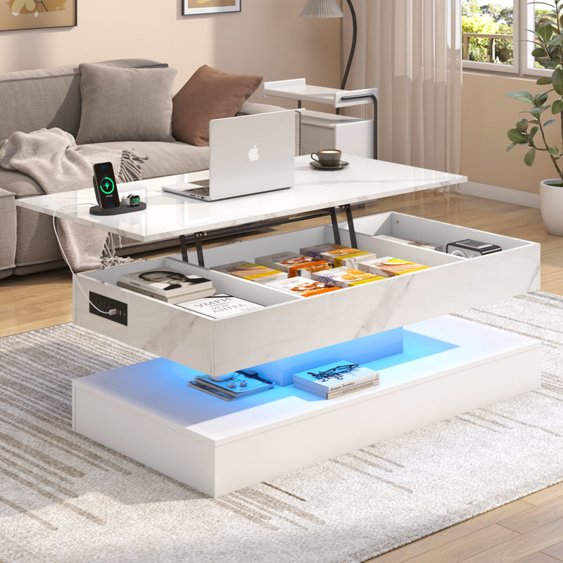 Table basse à plateau relevable de 39,4 po avec lumières DEL RVB APP, station de charge USB et CA, table de rangement réglable en hauteur ultrabrillante