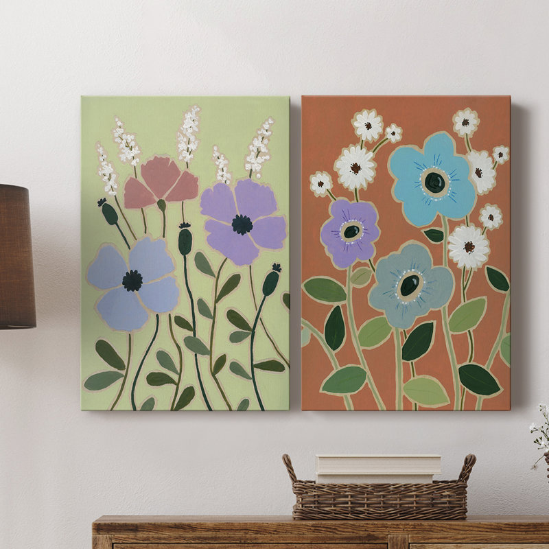 «Woodblock Floral III» - Toile tendue avec châssis de qualité supérieure - Prêt à être accroché, H 27 po x l 36 po