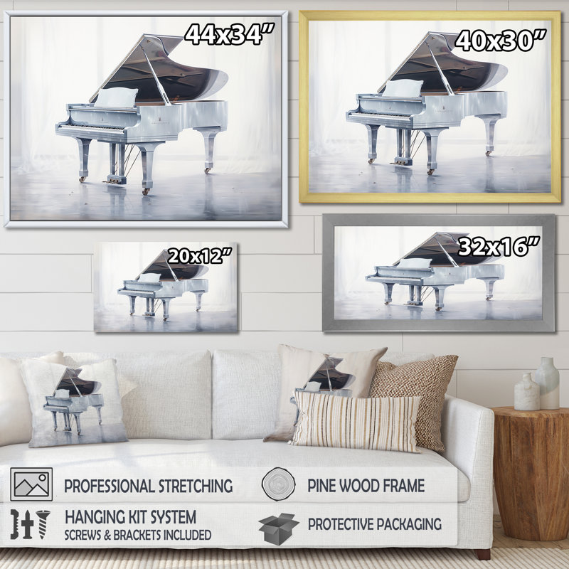 «Gray Piano Winter Echoes I», reproduction sur toile, Cadre flottant doré, H 16 po x l 32 po x P 1 po