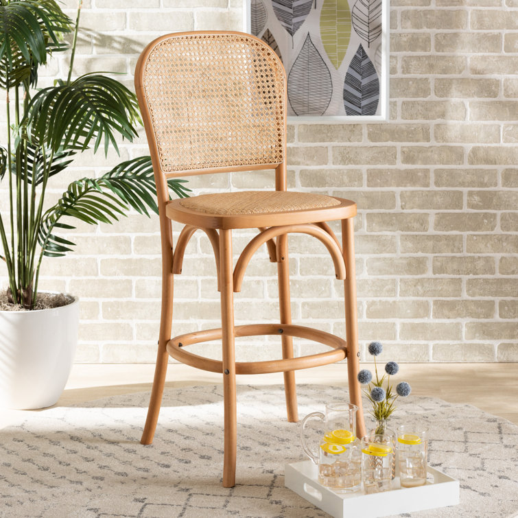 Siems Mid-Century Modern Brown Woven Rattan And Black Wood Cane Counter Stool
