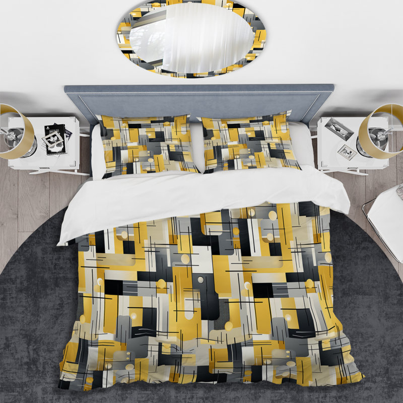 Ensemble de housse de couette à blocs géométriques jaunes et gris Harmony III