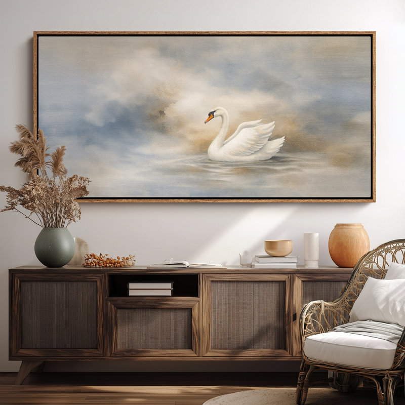 Impression sur toile élégante, cygne blanc, eau calme, rêve de ciel, H 30 po x l 60 po, Naturel