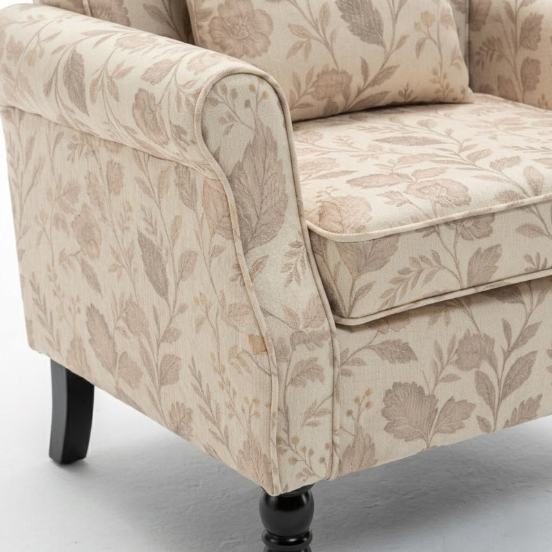 Fauteuil Vintage avec accoudoirs roulés et pieds en bois, Beige