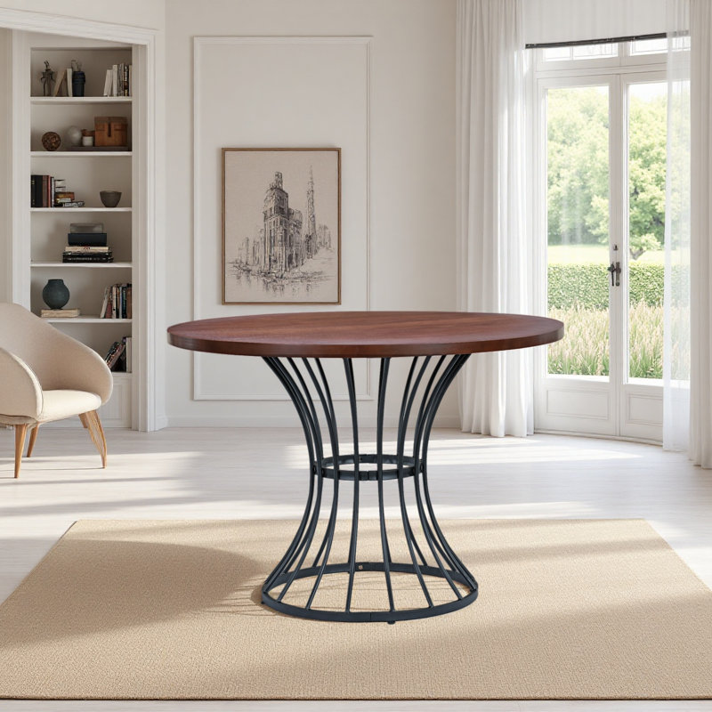 Table de salle à manger ronde en placage de chêne de 42 po - Plateau d'aspect bois massif, piédestal robuste en fer forgé, meuble de cuisine et coin-repas compact