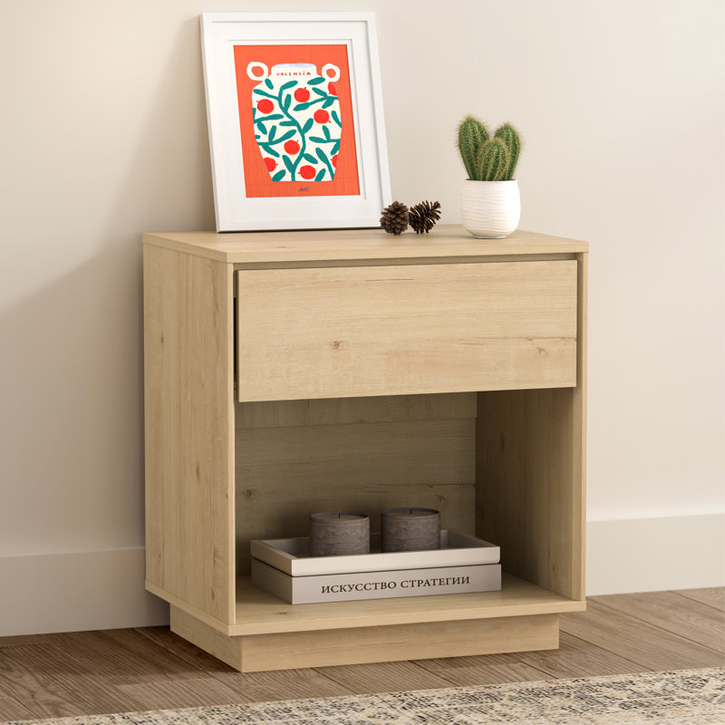 Table de chevet, table d'appoint en bois avec rangement et tablette ouverte, Individuel, Chêne clair