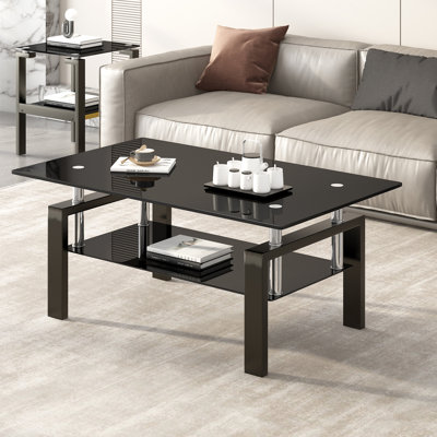 Modern BlackTempered Glass Coffee Table, 39.4”W x 23.6”D x 17.7”H, Rectangular Coffee Table with Lower Storage Shelf