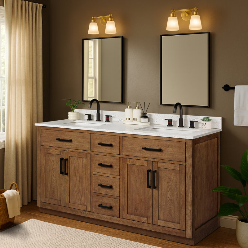 60'' Double Bathroom Vanity with Drawers, Shelf, Outlet, and Engineered Marble Top, 60'', Dark Brown Walnut