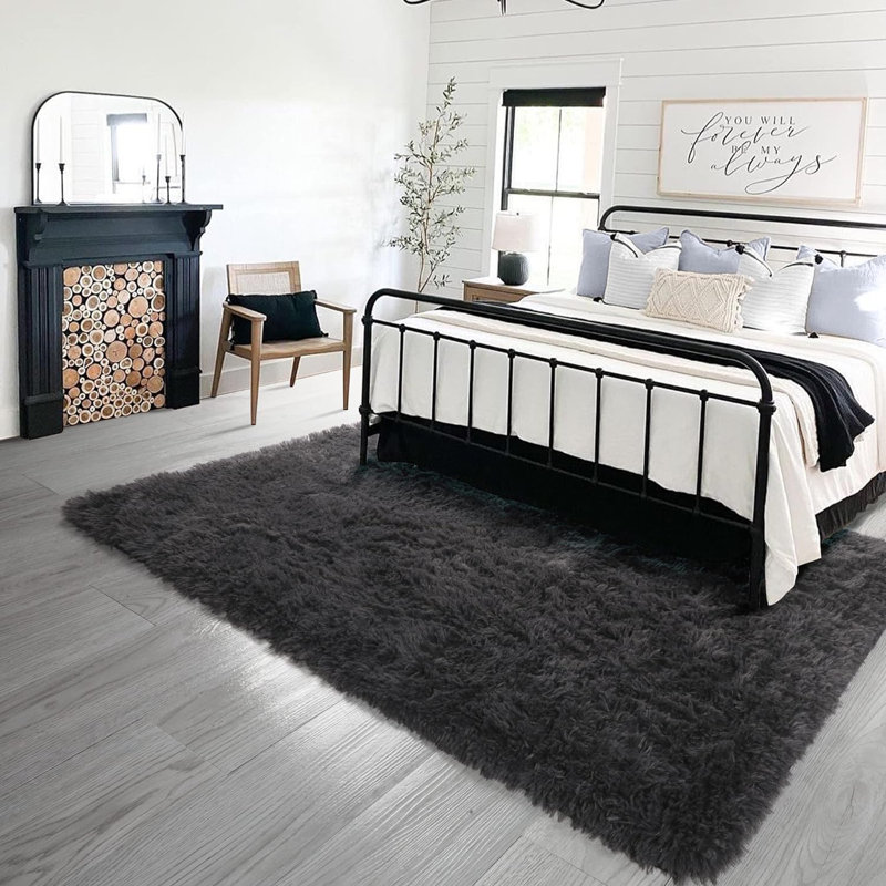 Tapis à poil long Shahen, Rectangulaire 4 pi x 6 pi, Gris foncé