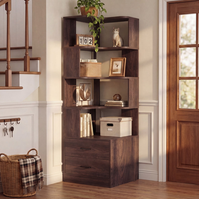 5-Tier  Staggered Corner Bookcase With 2 Drawers, Brown