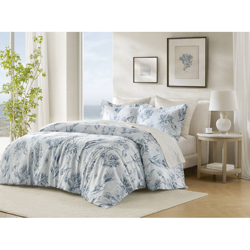 Ensemble de housse de couette 100% satin de coton Botanical, Housse de couette pour grand lit et 2 taies décor, Marine