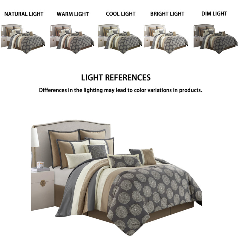 Angellyna 10 Piece Medallion Print Comforter Set, King, Gray/Tan/Cream