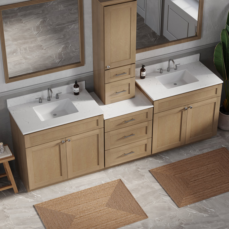 Meuble-lavabo double 96 po avec comptoir en bois massif et comptoir, Chêne naturel