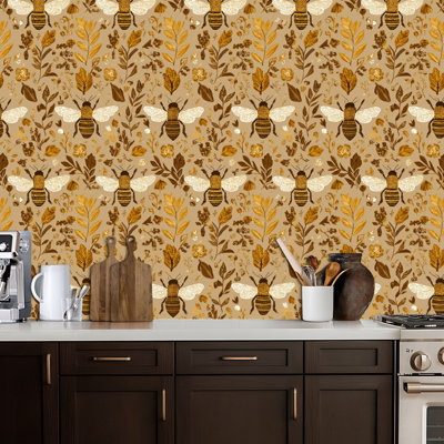 Peel and Stick Wallpaper Bee Golden Wings Botanical Laurel Motifs Vintage Naturalist Style Contact Paper Removable Self Adhesive Wall Mural Wall Decor for Bedroom Kitchen Cabinets 17.7in x 118in