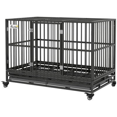 Pawhut 48" Heavy Duty Dog Crate Metal Cage Kennel With Lockable Wheels